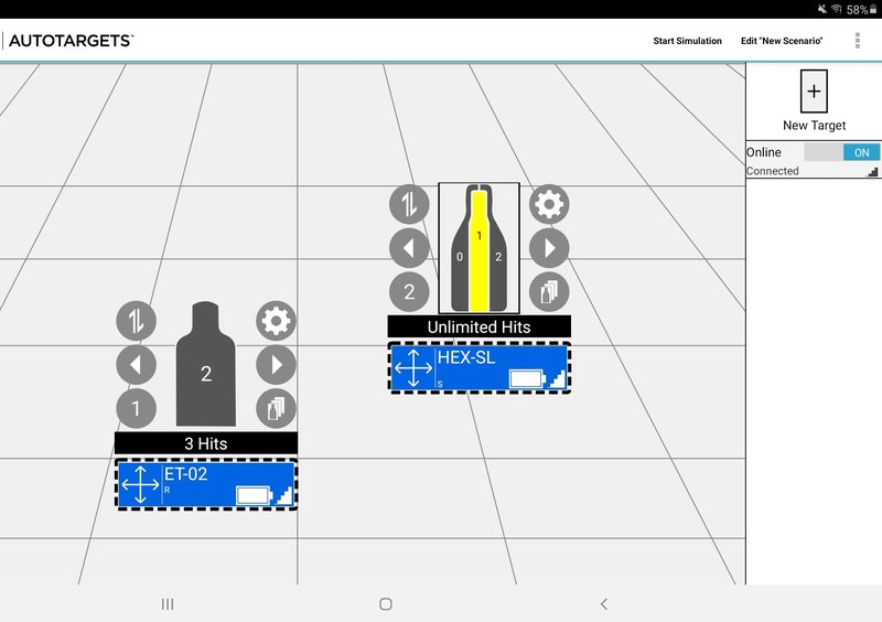 The AutoTargets Android app scenario editor on a tablet: two target silhouettes placed on a scaled range grid with hit counts, presentation controls, and connected HEX-SL and ET-02 devices listed as online.