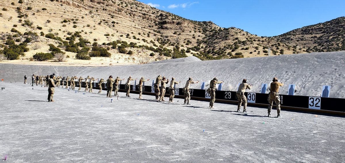 A full firing line under way: two ranks of shooters engaging numbered targets, dust rising off the berm behind them.