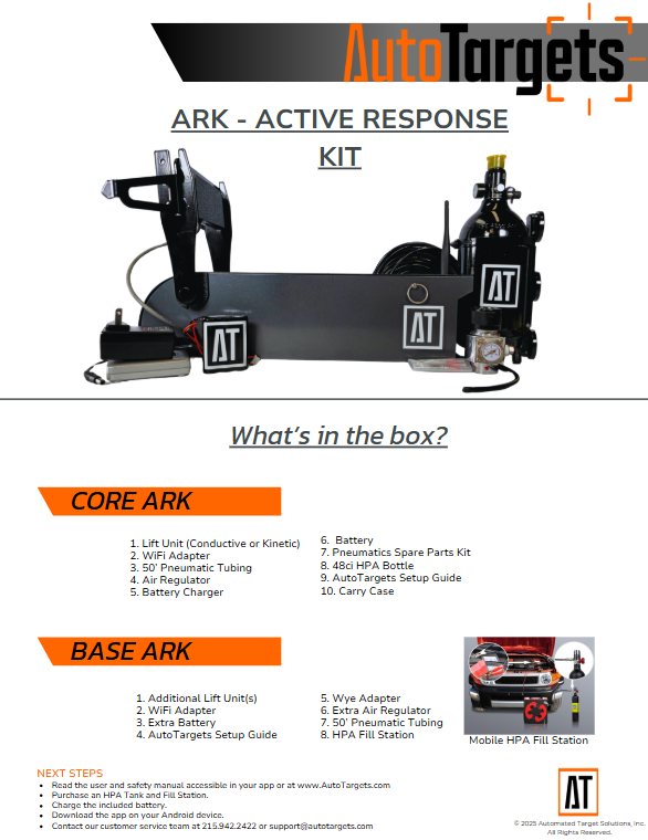 ARK Active Response Kit packing sheet: a lift unit shown with battery charger, air regulator, HPA bottle and coiled pneumatic line, above numbered contents lists for the Core ARK and the Base ARK.
