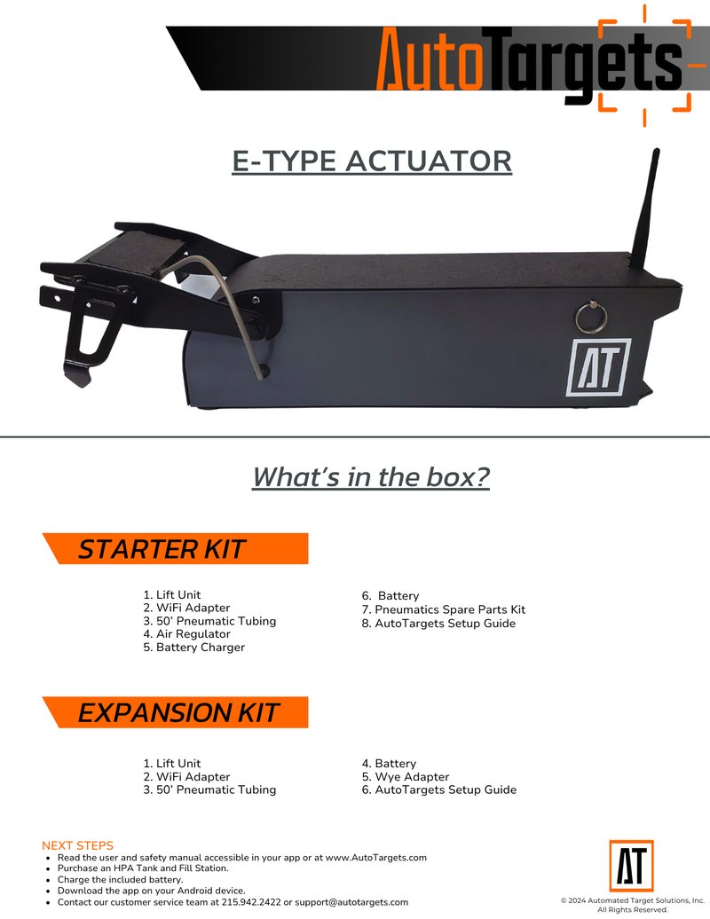 E-Type Actuator packing sheet: side view of the lift unit with its E-type mounting bracket fitted, above numbered contents lists for the eight-item Starter Kit and the six-item Expansion Kit.