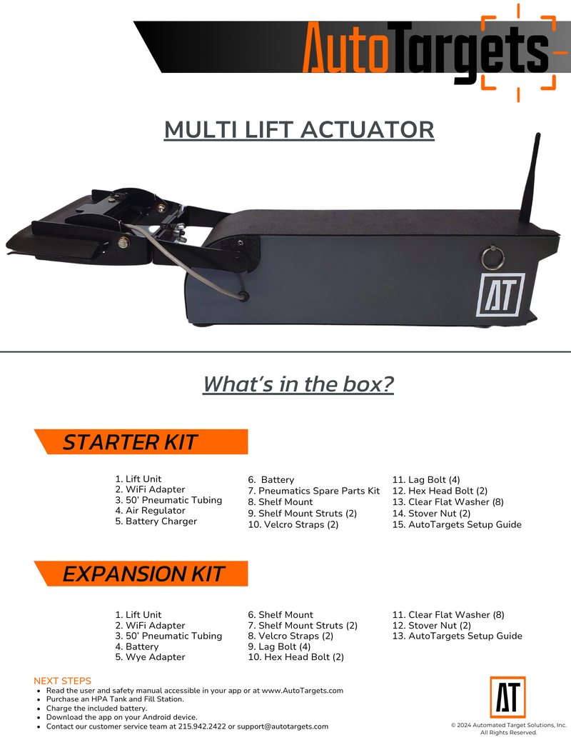 Multi Lift Actuator packing sheet: side view of the lift unit with its shelf-mount arm extended, above numbered contents lists for the fifteen-item Starter Kit and the thirteen-item Expansion Kit.
