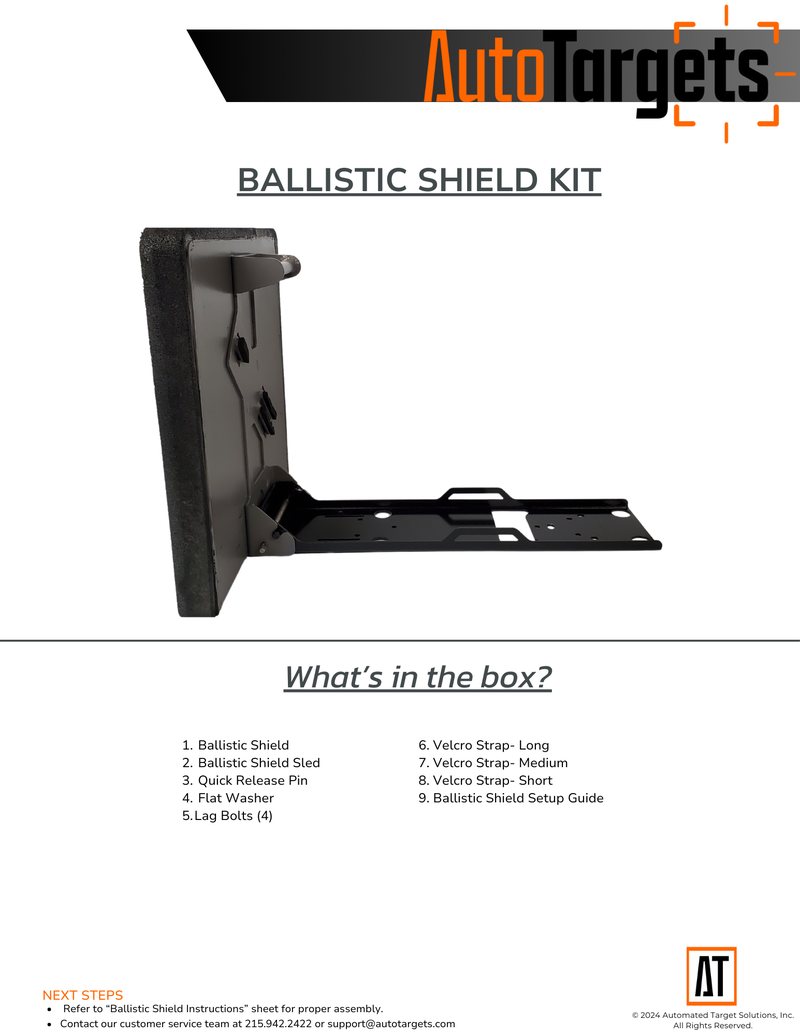 Ballistic Shield Kit packing sheet: the shield standing upright on its sled with the mounting rail extended, above a numbered list of the nine items in the kit.
