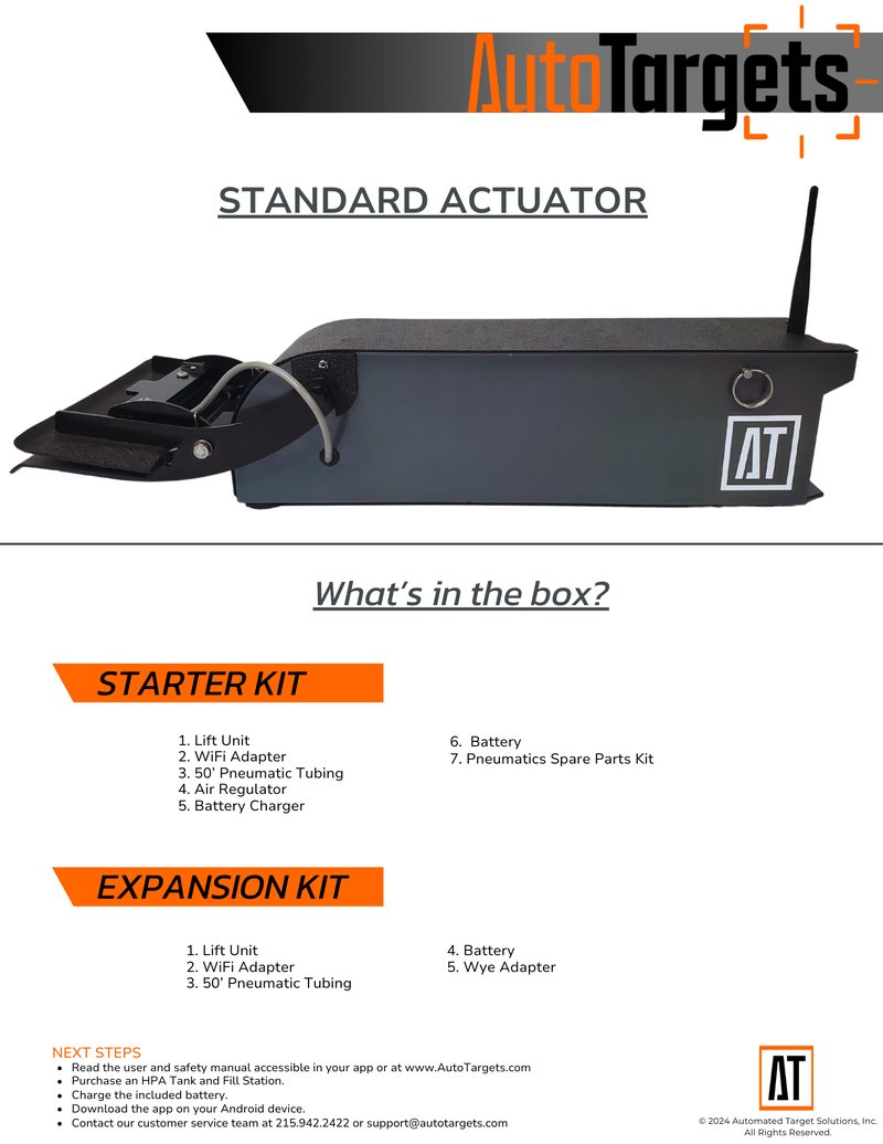 Standard Actuator packing sheet: side view of the lift unit with its antenna raised, above numbered contents lists for the seven-item Starter Kit and the five-item Expansion Kit.