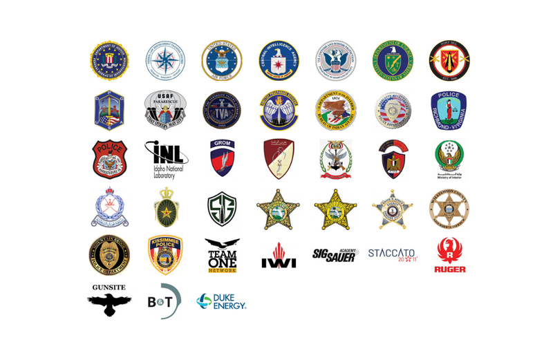 Grid of agency seals and company logos — federal agencies, US and international military units, police departments, national laboratories and firearms industry brands.