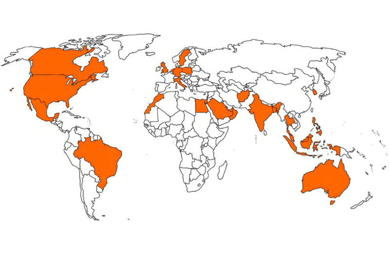 World map with the countries where AutoTargets systems are fielded shaded in orange, spanning North and South America, Europe, North Africa, the Middle East, South and Southeast Asia and Australia.