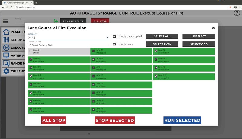 Range Control lane execution dialog listing lanes 1 to 20 with a shot failure drill selected and run, stop and all-stop controls.