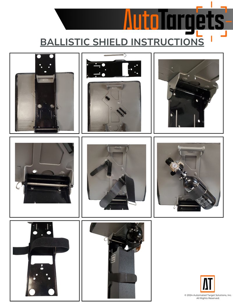 Ballistic Shield instructions sheet: eight step photographs showing the sled seated on the shield, the quick-release pin fitted, the velcro straps threaded and the HPA bottle secured behind the shield.